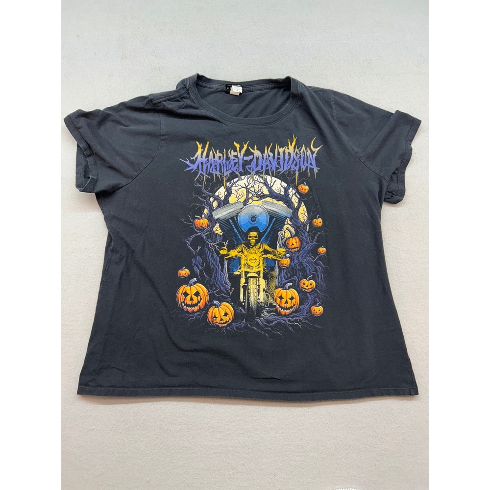 Harley-Davidson Lima Ohio Halloween Pumpkin Skeleton Graphic T-Shirt 3X Black